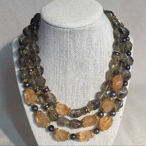 Citrine, smoky quartz & eggplant pearl necklace.